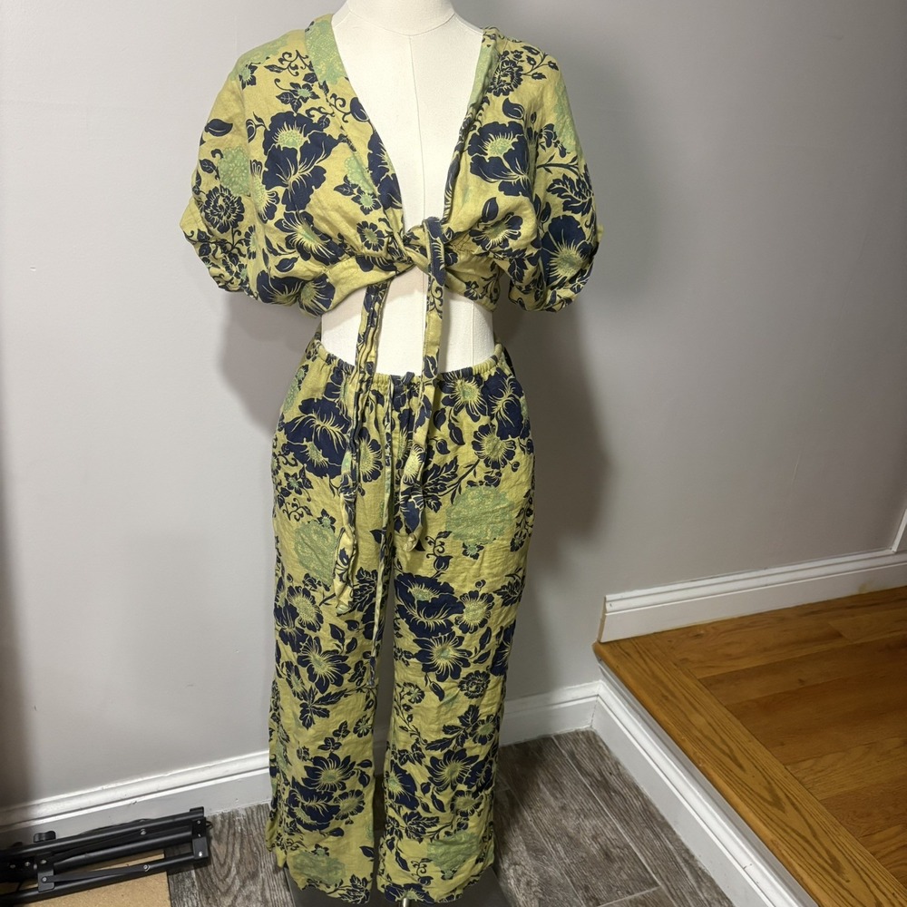 Vtg Cut Loose Green Linen 2pc Set Crop Top Pants Lagenlook Coastal Boho Sz S/M